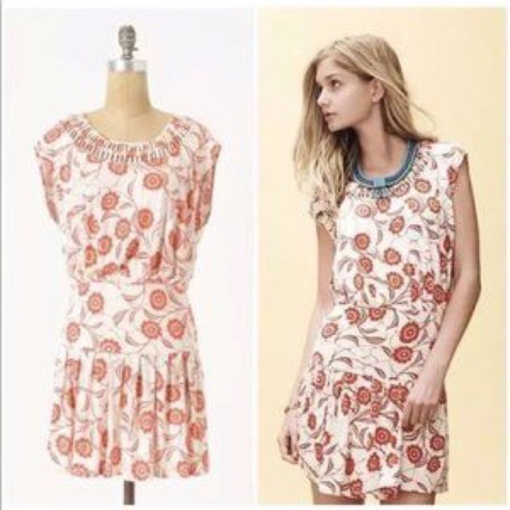 Anthropology red and ivory flower dress si…